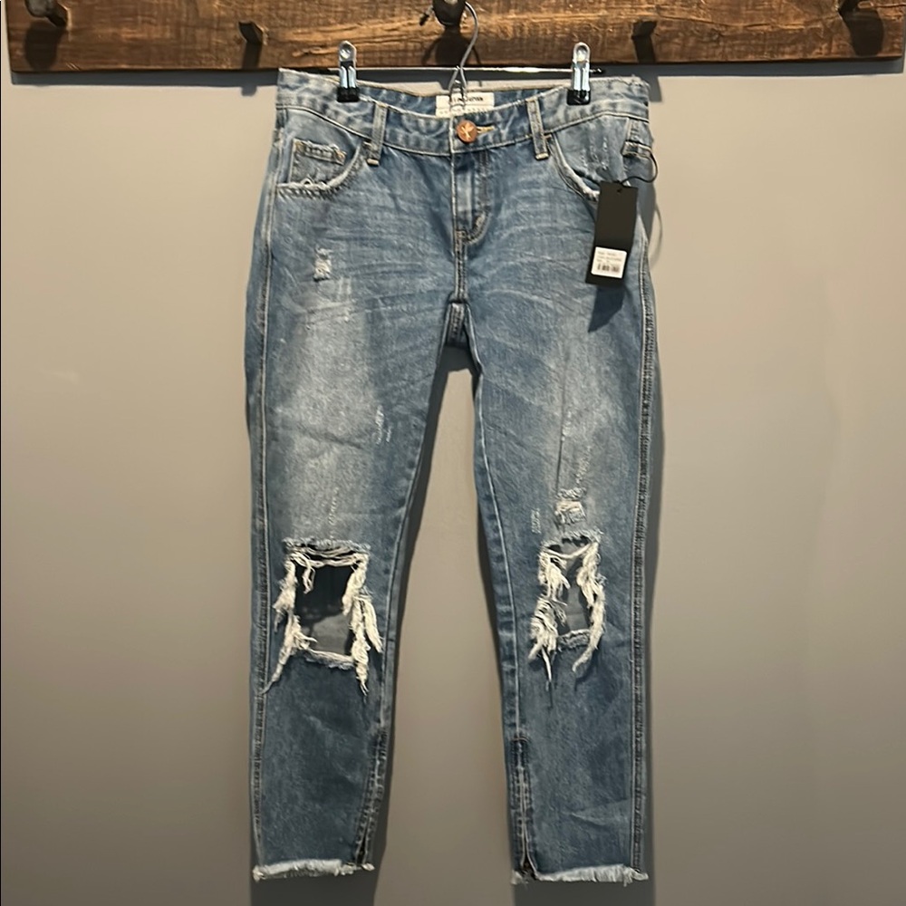 One Teaspoon Blue Ankle Cropped Distressed Jeans